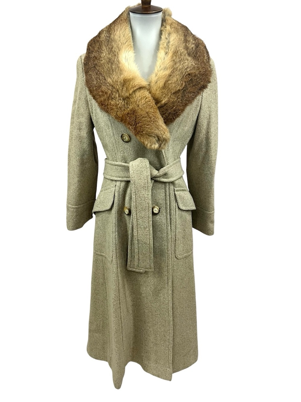 Vintage Hadley Double Breasted Wool Herringbone Fur Trim Penny Lane Trench Coat